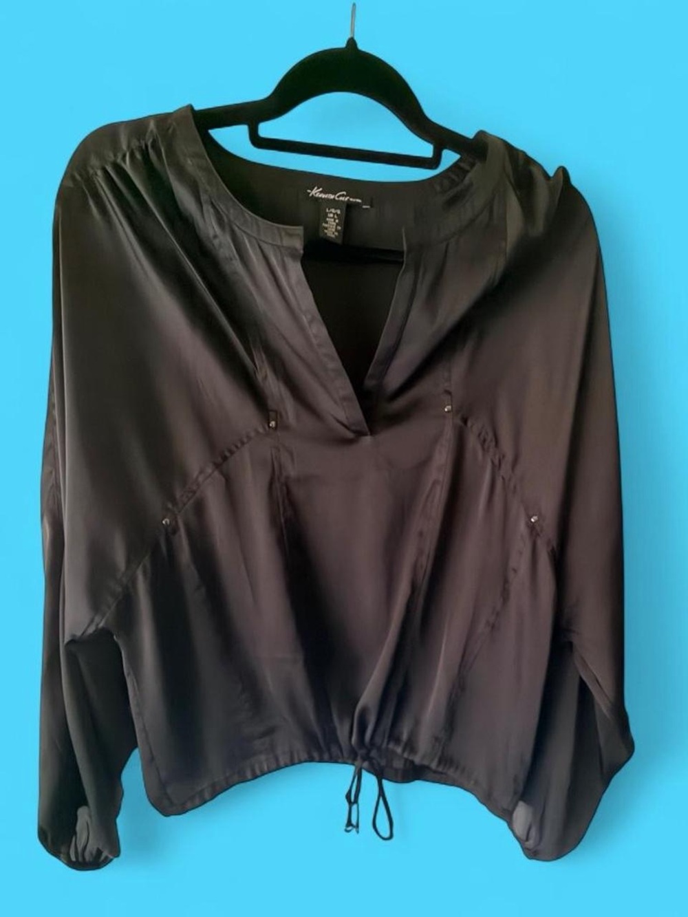 Kenneth Cole Black Satin Drawstring Hem Top